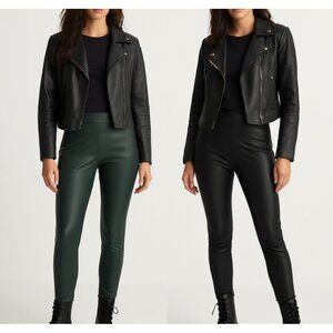 Faux Leather Leggings Bundle Sz L Black & Green Edgy Streetwear High Waist Pants